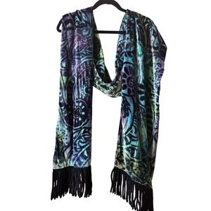 Boho plush Velvet Scarf X-Long Black Fringe Floral Purple Green Teal Bohemian